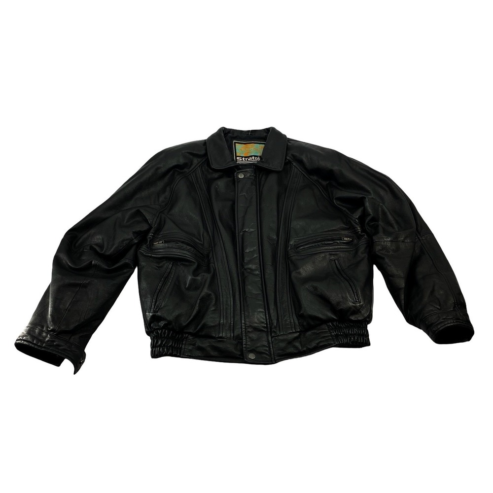 Stratojac Men's Jacket Bomber Black Vintage 1990s Leather Medium